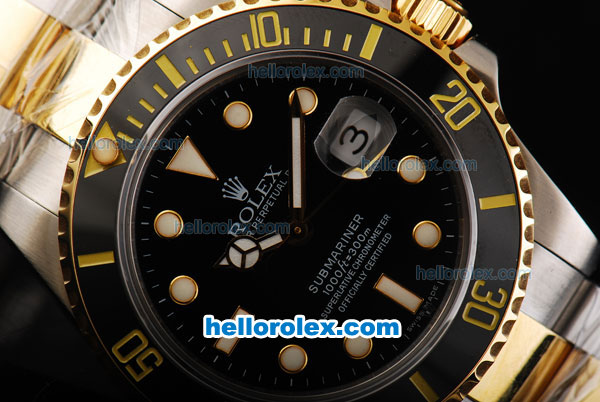 Rolex Submariner Swiss ETA 3135 Automatic Movement Two Tone with Gold/Black Bezel and Black Dial - Click Image to Close